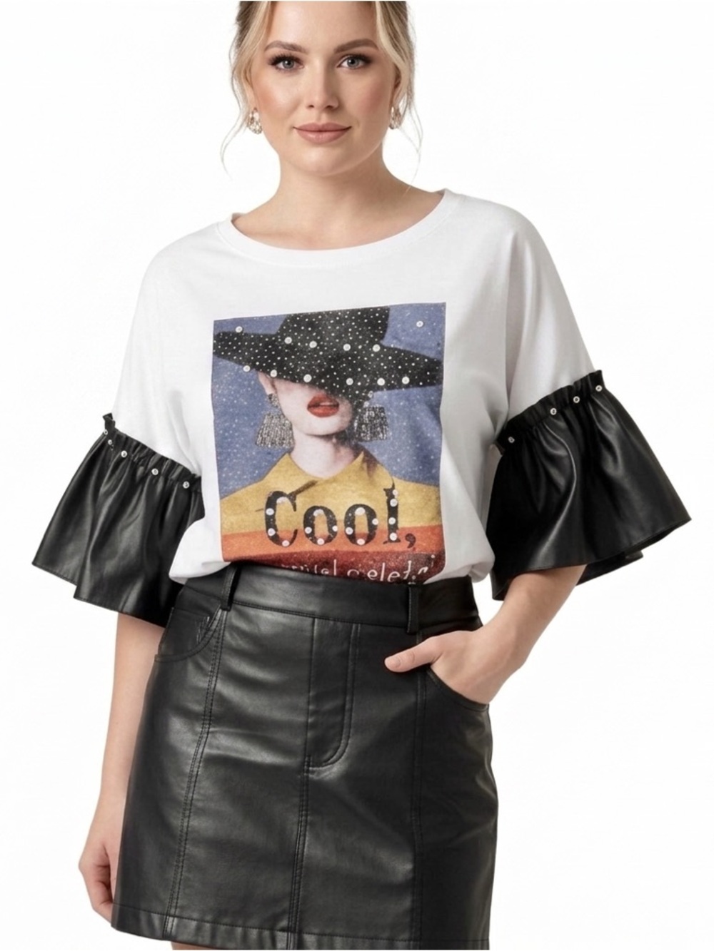 NWT Vivid Embellished Graphic Faux Leather tshirt